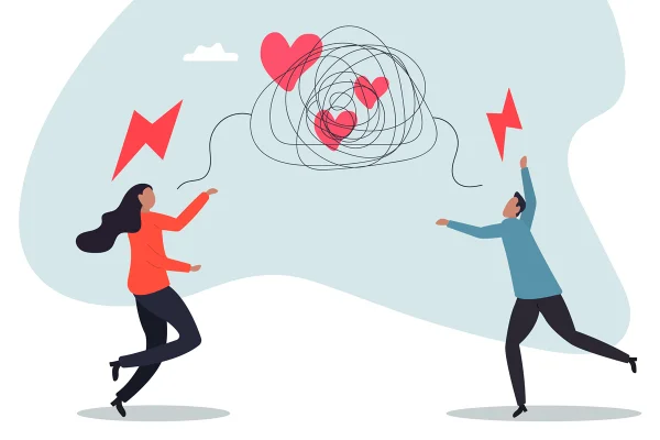 Ilustração mostra um casal discutindo, com linhas que emaranham um coração - Metrópoles