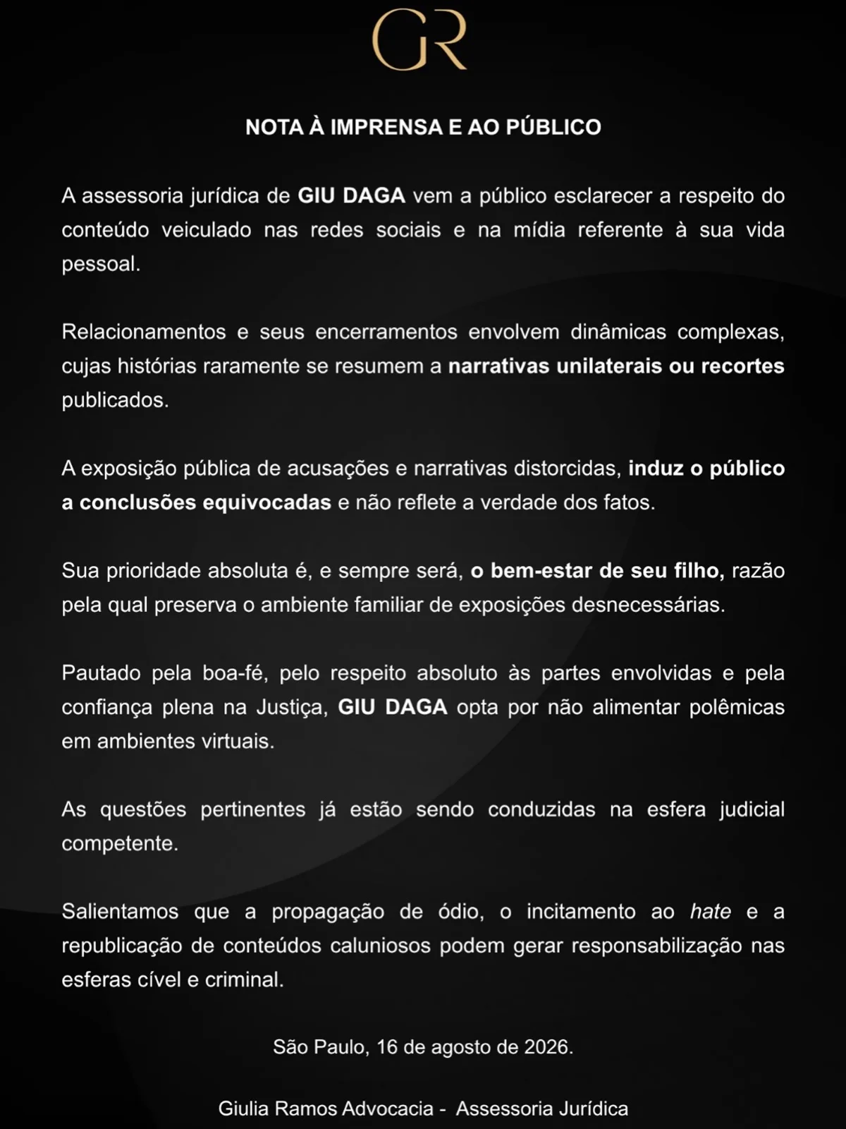 Equipe jurídica de Giu Daga, ex de Clara Aguilar, reage às acusações Equipe jurídica de Giu Daga, ex de Clara Aguilar, reage às acusações