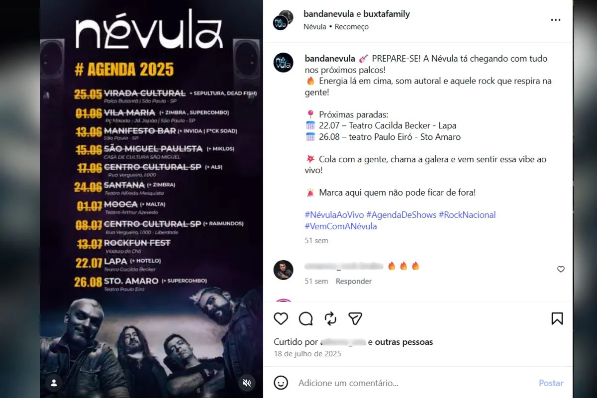 Agenda de shows divulgada pela banda nas redes sociais Agenda de shows divulgada pela banda nas redes sociais