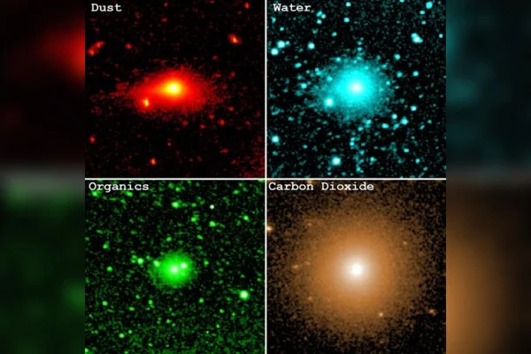 Essas observações feitas pelo SPHEREx da NASA mostram a luz infravermelha emitida pela poeira, água, moléculas orgânicas e dióxido de carbono contidos na coma do cometa 3I/ATLAS durante a campanha da missão em dezembro de 2025.. Metrópoles