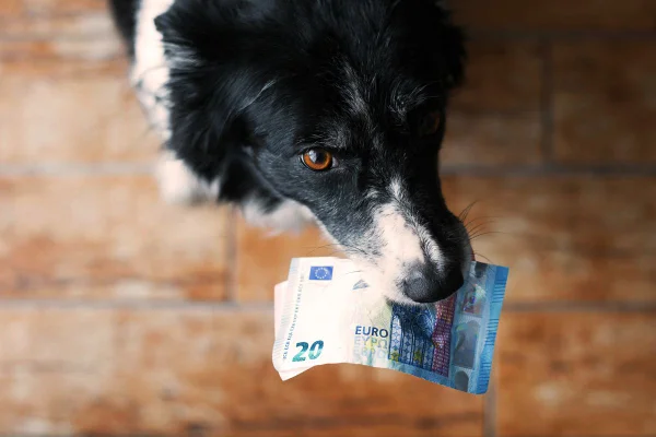 cachorros segurando notas de dinheiro