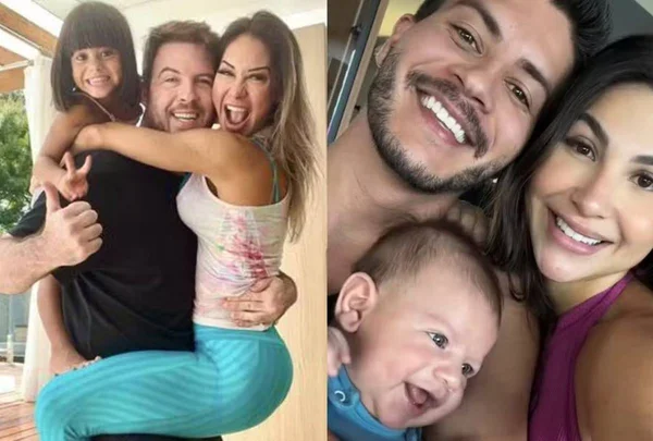 Montagem colorida com foto de Maíra Cardi e Arthur Aguiar com as suas respectivas famílias - Metrópoles