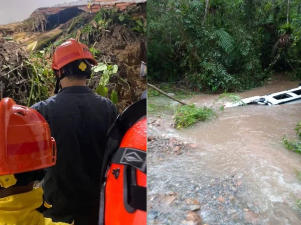 Imagem colorida mostra transtornos causados pela chuva em São Paulo. à esquerda, grupo de bombeiros observa local onde houve um deslizamento; à direita, um carro que afundou durante uma enchente, vitimando uma criança - Metrópoles