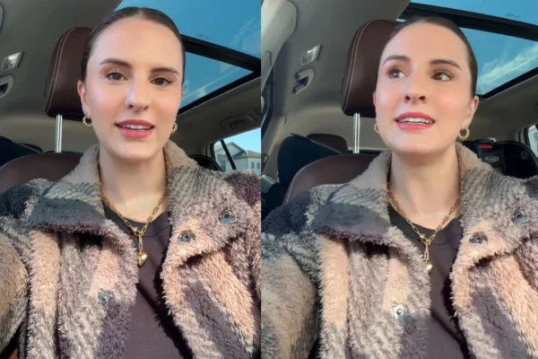 Imagem colorida de mulher dentro de carro contando relato
