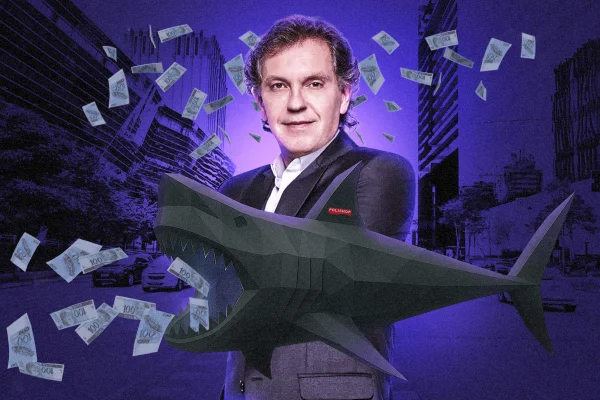 Ilustração de um tubarão cercado de doláres sobre foto do empresário João Appolinário, dono da Polishop
