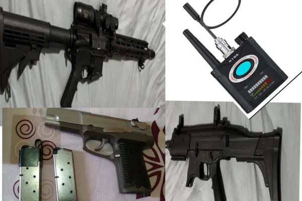 Montagem com 4 fotos, duas de fuzil, uma de pistola e outra de rádio comunicador - Metrópoles