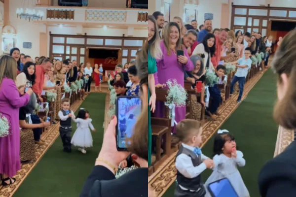 "Missão dada é missão cumprida", brincou a mãe de Bernardo após o filho, que era pajem, "arrastar" a daminha de honra a entrar em casamento - Metrópoles