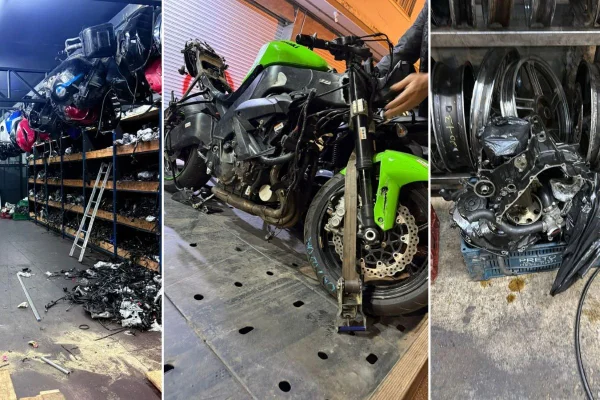 Colagem colorida de motocicletas e equipamentos de veículos roubados - Metrópoles