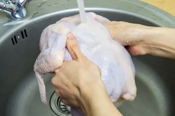 Foto colorida de mãos segurando frango embaixo de uma torneira aberta - Metrópoles