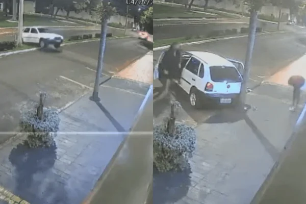 Colagem colorida de carro momentos após bater em poste no interior de São Paulo -Metrópoles