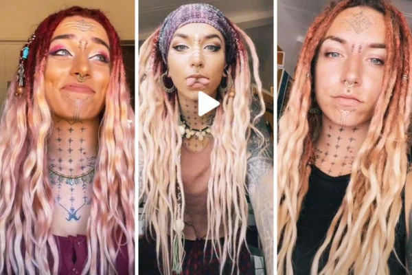 Montagem com três fotos coloridas da influencer que viralizou no tik tok com a língua bifurcada