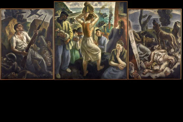 Imagem mostra os três quadros que compõem o Tríptico da Guerra, de Aurelio Artreta - Metrópoles