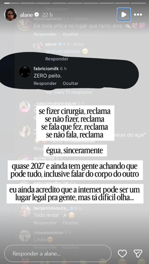 Alane Dias se irrita após críticas ao seu corpo e detona: “Tá difícil” - destaque galeria Alane Dias se irrita após críticas ao seu corpo e detona: “Tá difícil” - destaque galeria
