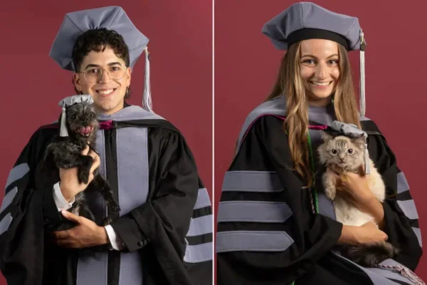 Formandos levam pets de chapeuzinho para celebrar conquista acadêmica