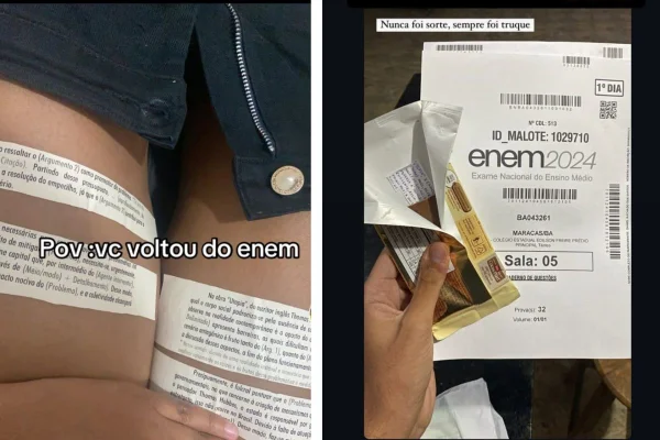 Montagem com fotos coloridas de supostas colas na redação do Enem 2024 - Metrópoles