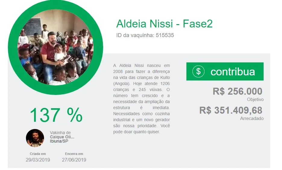 A "vaquinha" virtual atingiu 137% da meta inicial A "vaquinha" virtual atingiu 137% da meta inicial
