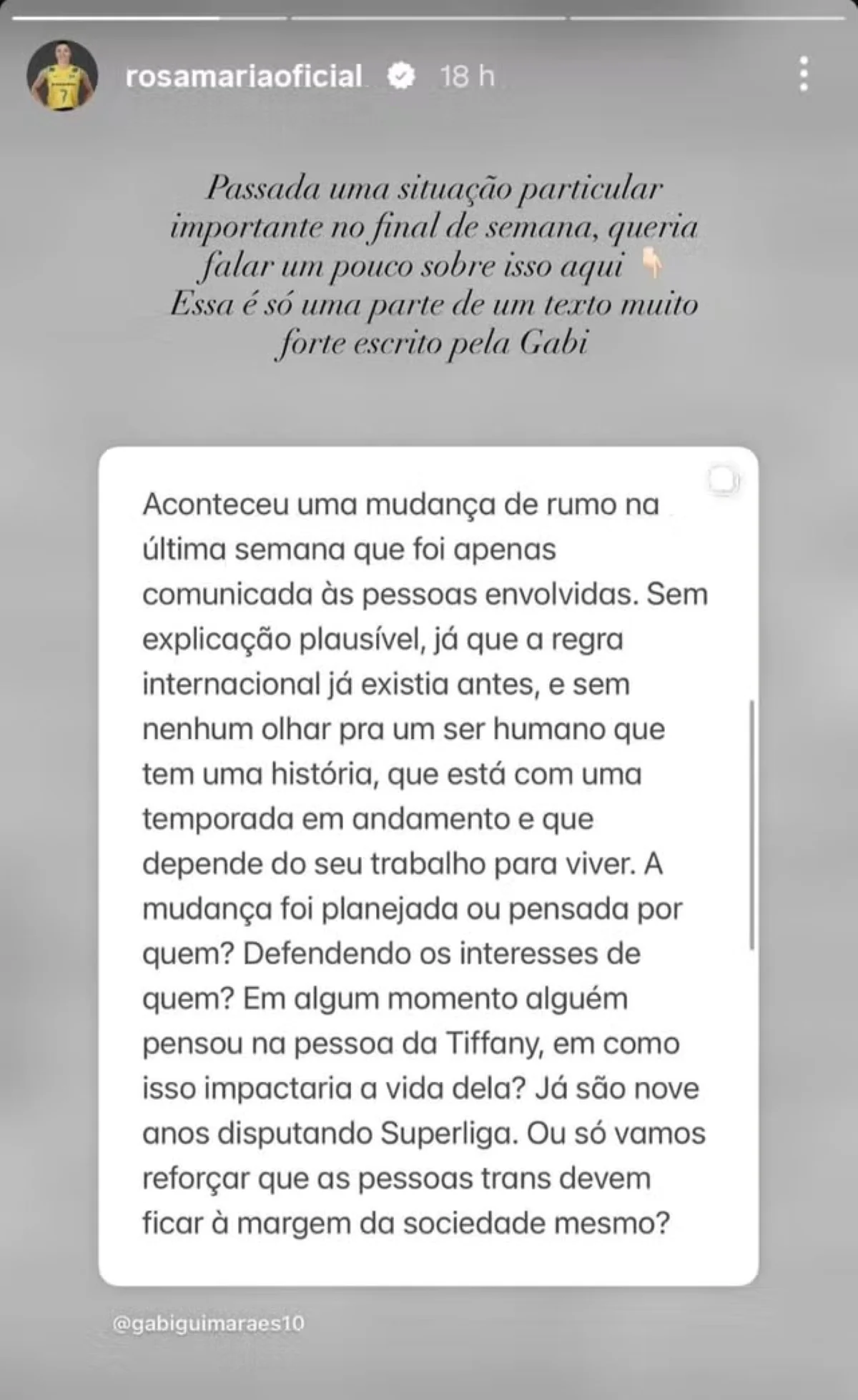 Rosamaria defende Tifanny após CBV vetar mulheres trans no vôlei - imagem 1 Rosamaria defende Tifanny após CBV vetar mulheres trans no vôlei - imagem 1
