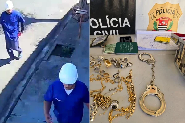 Montagem colorida com foto de dois homens vestidos com uniforme de empresa de gás e joias e algema.