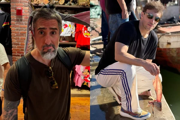 Montagem com fotos coloridas de Marcos Mion e Leo Lins - Metrópoles
