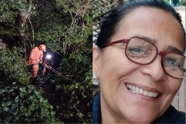 Montagem colorida de local de buscas (à esquerda) para encontrar o corpo da cozinheira Berenice (à direita).