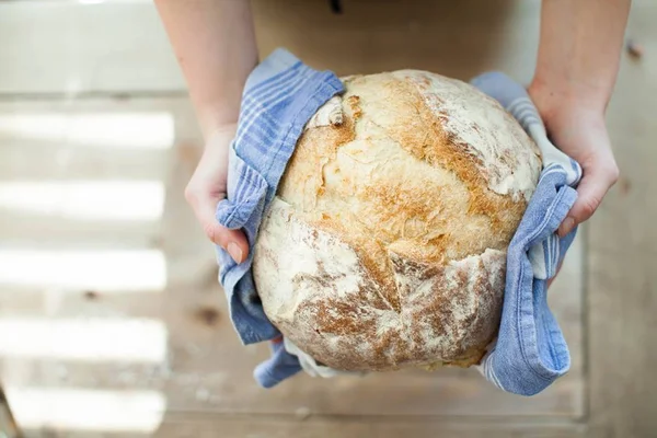 Pessoa mostra pão redondo recém-feito enrolado em pano azul - Metrópoles