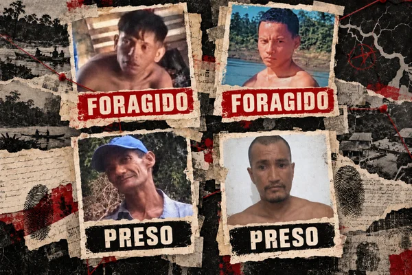 Arte com fotos coloridas de procurados pela polícia por estupro coletivo de indígena de 15 anos - Metrópoles