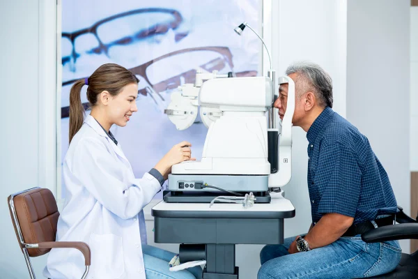 Oftalmologista examina idoso em exame ocular - Metróples