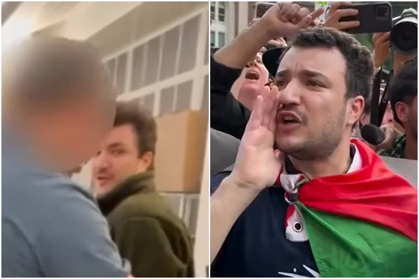 Mahmoud Khalil, aluno da Universidade de Columbia ao ser preso e em protesto pró-Palestina - Metrópoles