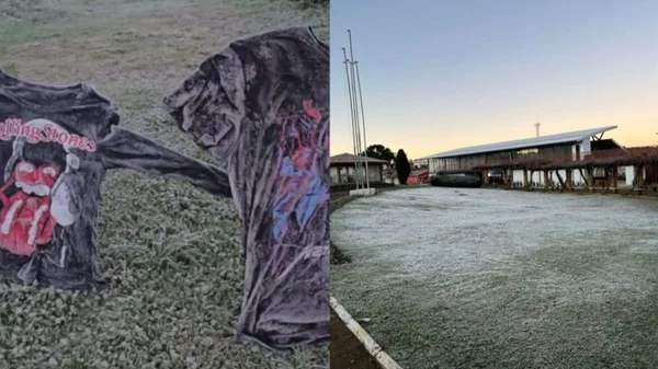Imagem combinada de camisetas congeladas e gelo no campo - Metrópoles