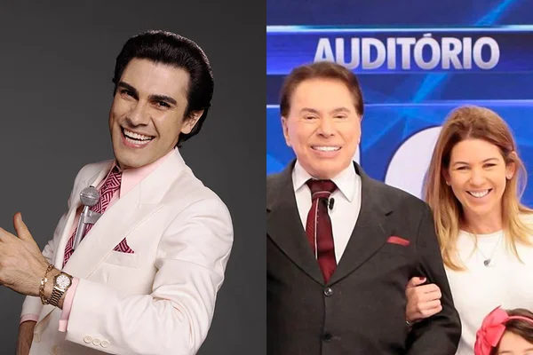 Mariano Mattos Martins como Silvio Santos em O Rei da TV; à direita, Silvio Santos e a filha "número 3", Daniela Beyruti