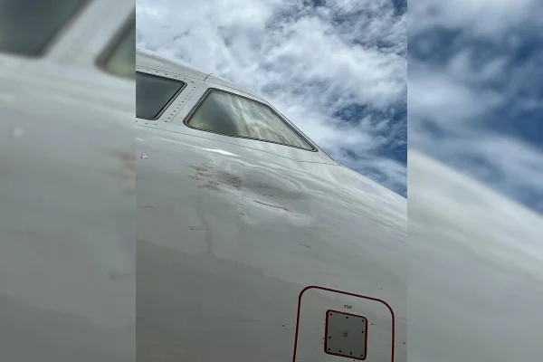 Foto colorida de como ficou avião da Latam após colisão com pássaro - Metrópoles