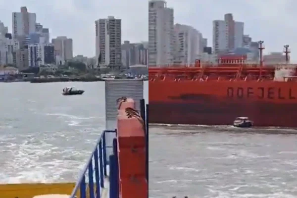 Os tripulantes saltaram da lancha, que estava à deriva, para o mar. O acidente aconteceu no canal do Porto de Santos, no litoral de SP - Metrópoles