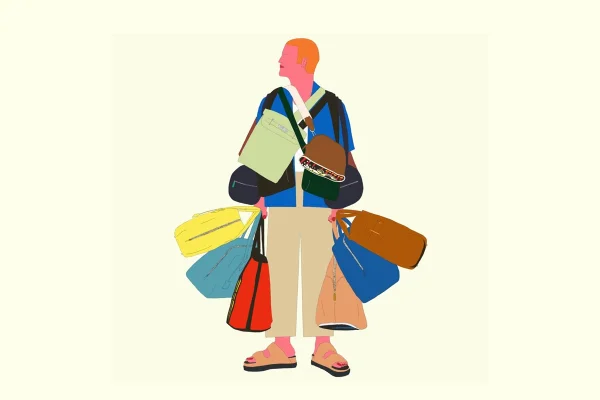 Ilustração de Kimberly Elliott para a Hermès. Na arte, uma pessoa segura várias bolsas ao mesmo tempo