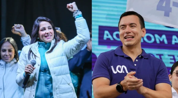Imagem colorida dos candidatos a presidente no Equador, Os candidatos Luisa González e Daniel Noboa - Metrópoles