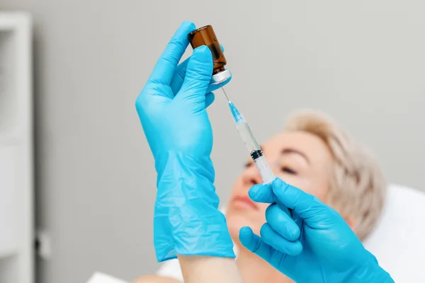 PMMA Cosmetologista com luvas médicas azuis está colocando remédio em uma seringa para uma injeção de preenchimento de PMMA. Ao fundo está uma mulher realizando o procedimento