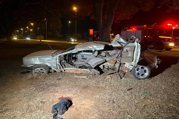 Carro cinza amassado e destruído em cima de gramado à noite. Luzes de poste e sirene ao fundo