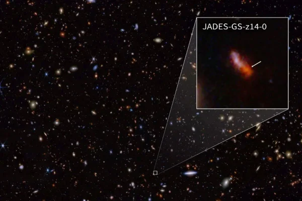 Visão do JWST da região do Hubble Ultra Deep Field. A galáxia JADES-GS-z14-0, atual candidata à posição mais distante do universo, é mostrada na retirada