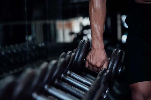 Foto colorida com contraste alto de braço masculino pegando peso em academia - Metrópoles.