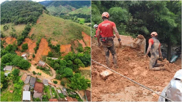 Montagem de fotos em que são mostrados escombros de deslizamento em queda de enconsta em Minas Gerais. Bombeiros vasculham o local - Metrópoles