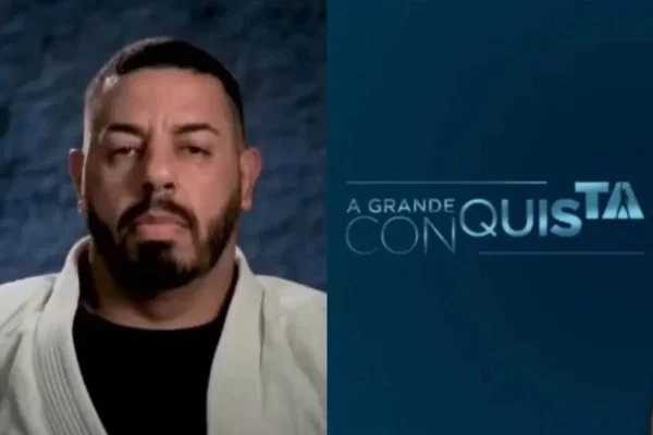 montagem com foto de homem de barba e foto da logo de a grande conquista - metrópoles