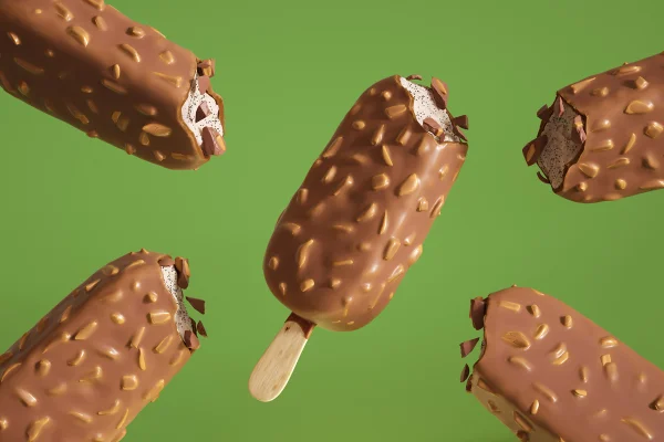 Imagem gerada digitalmente de picolés de chocolate focados em um no centro contra um fundo verde. Metrópoles