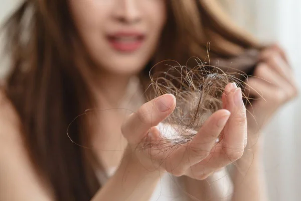 Imagem colorida de mulher olhando a queda do cabelo