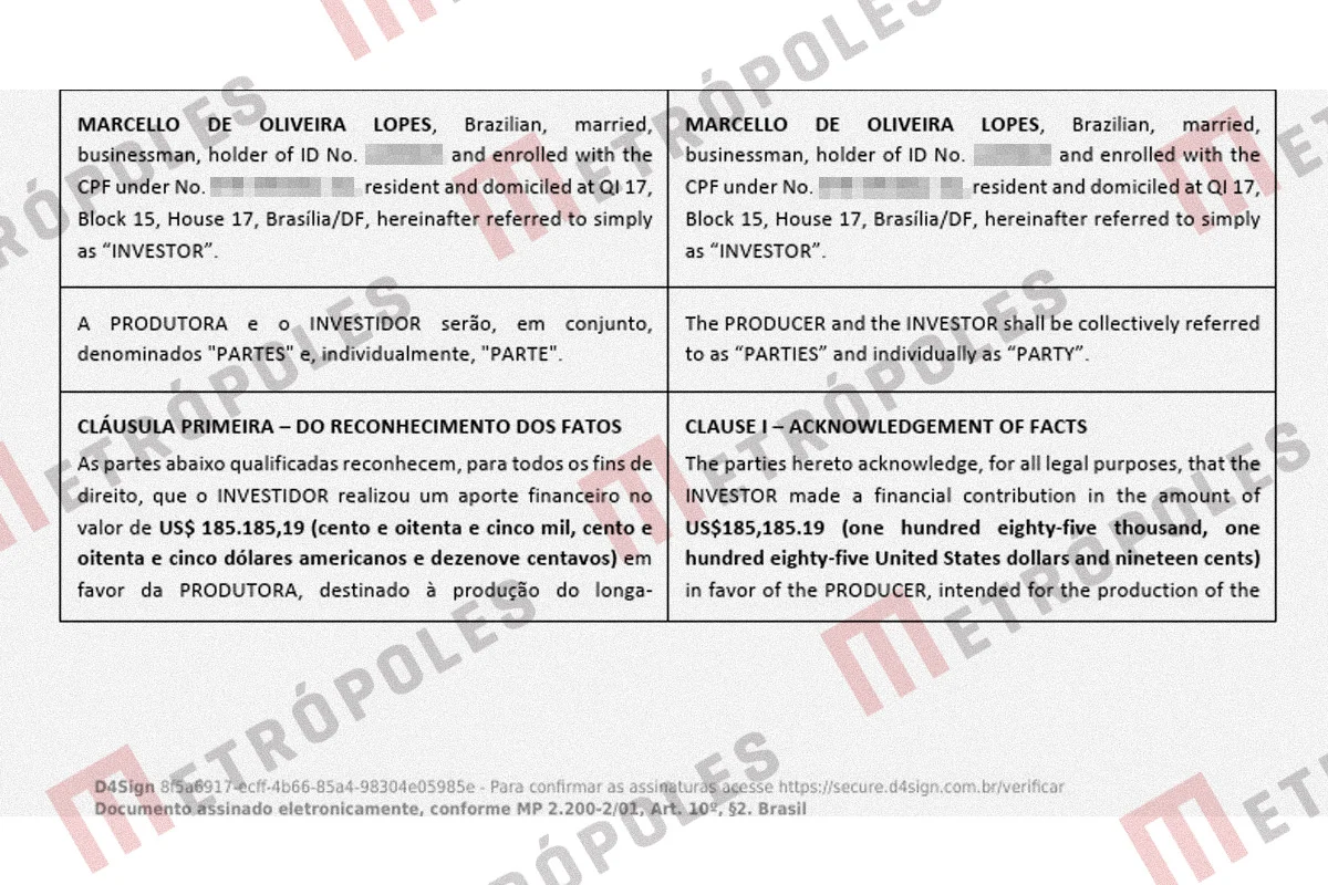 Detalhe da decisão de Flávio Dino mostrando o contrato entre a produtora do filme Dark Horse e o publicitário Marcello Lopes Detalhe da decisão de Flávio Dino mostrando o contrato entre a produtora do filme Dark Horse e o publicitário Marcello Lopes