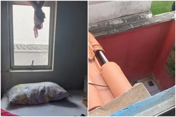 Imagem colorida mostra janela e o local onde o bebê caiu - Metrópoles