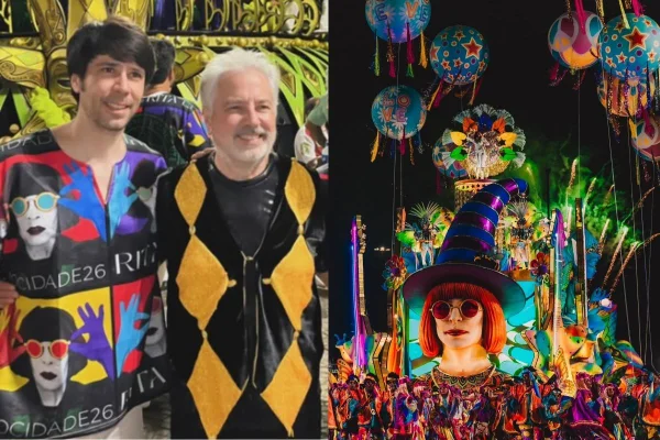 João Lee e Roberto de Carvalho ao lado de Carro alegórico em homenagem à Rita Lee