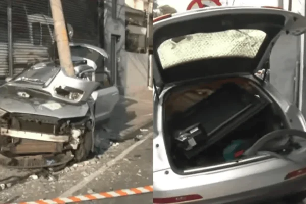 Colagem colorida de carro destruído após colidir com poste; motorista morreu - Metrópoles