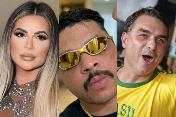 Montagem com fotos de MC Misa, Deolane e Flávio Bolsonaro