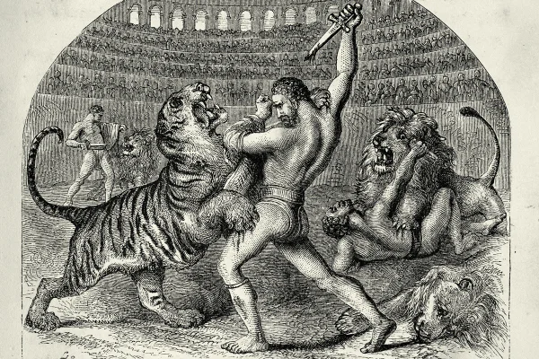 Imagem preta e branca de representação de guerreiro romano lutando com animais - Metrópoles