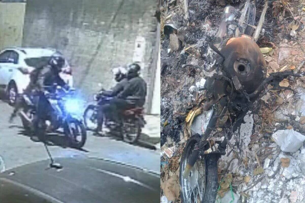 Imagem de motoqueiros conversando (esq) e moto carbonizada (direita) - Metrópoles