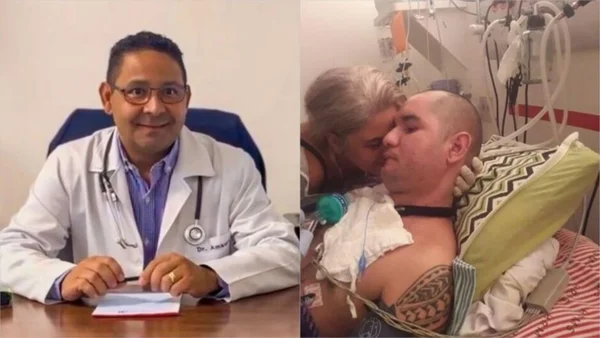 Montagem com foto colorida de Médico oncologista Amauri Ferreira de Oliveira, Reinaldo Nogueira Júnior e sua mãe, Maria Benedita Garcia Leite - Metrópoles